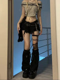 Taooba-Women Dark Academia Y2k Goth Harajuku Fashion Gyaru Kpop Jean Low Rise Shorts Ripped Denim Tassel Grunge Hot Pants 2000s Grunge