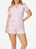 Taooba-Women 2 Piece Pajama Set Heart Print Long Sleeve Button Down Shirt High Waist Shorts Pjs Outfits Loungewear 2024 Valentine's Day