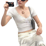 Taooba-Fairy Grunge y2k Crop Top Summer Women V Neck Short Sleeve Lace Patchwork T Shirts White Baby Tees 2000s Clothing Streetwear