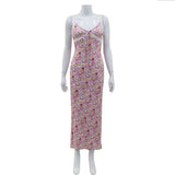 Taooba-2024 summer new women's French romantic flower print V-neck lace stitching suspender dress