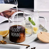 Taooba-1pc Glass Mug Good Morning Coffee Mug Heat Resistant Glass Coffee Cup Simple Stylish Cup for Couple Summer Winter Drinkware