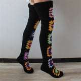 Taooba-Women's Autumn Winter Thigh Socks Extra Long Ethnic Crochet Knit Stockings Over Knee Socks