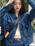 Taooba-Streetwear Blue Cowboy Tops Coat Asymmetrical Design Lace Up Denim Mini Skirt Autumn Three Piece Sets Womens Outfits