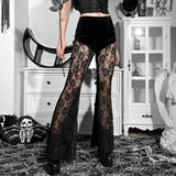 Taooba-Sexy See Through Floral Lace Pants for Women Clothes Elegant Fashion High Waist Wide Leg Pants Black Mesh Pants