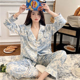 Taooba 2024 Autumn New Ice Silk Women Pajama Lapel Button Cardigan Outfits for Women 2 Piece Set Fashion Printing Set Clothes for Women