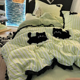 milk green Strip Cat Embroidery, Washing Cotton Four PIECE Set, cute cardboard bedding, Three PIECE set for Student dormitories