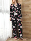 Taooba-Women Satin Pajama Set Casual 2 Piece Flower Print Long Sleeve Shirt and Loose Fit Pants Sleepwear Loungewear