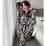 Taooba Christmas Outfit Spring Autumn Women Pajama Sets Faux Silk Satin Pijama Long Sleeve Luxury Lapel Sleepwear Zebra Stripes Pyjamas Female Home Suit