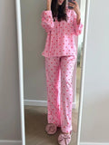 Taooba-Women Valentine's Day Pajama Sets Cute Long Sleeve Heart Button Down Shirt Top and Pants 2 Piece Pjs Y2K Loungewear