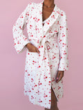 Taooba Women Fruit Robe Bow Floral Cherry Print Open Front Long Plush Bathrobe Fluffy Fleece Fuzzy Shawl Collar Spa Robes with Belt