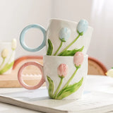 Taooba-1pc Tulip Flower Ceramic Mug 3D Design Creative Relief Girl Heart Coffee Cup Birthday Mothers Day Gift for Her Afternoon Tea Cup