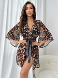 Taooba Leopard Kimono Belt Bath Robe Bridesmaid Wedding Party Long Sleeve Lingerie Sexy Nightwear Nesh Women's Sleepwear