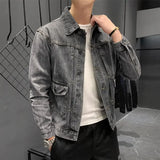 Taooba Male Jean Coats Gray Button Men's Denim Jacket Slim Fit Clothing Original Size L Korean Popular Clothes Winter Outerwear Trendy