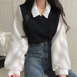 Taooba False Two-piece Polo Collar Women's Blouse Spring Casual Korean Shirt Y2k Tops Streetwear Loose Female Pullovers Elegant Blouses