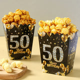 6pcs Birthday Paper Popcorn Box Black Gold Party Favor Treat Box for 18 21 30 40 50 60 Years Old Aldult Birthday Party Suplies