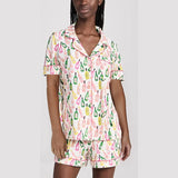 Taooba-Women Y2K Graphic Print Pajama Set Lapel Neck Button Down Short Sleeve Tops + Elastic Waist Shorts 2 PCS Lounge Outfits