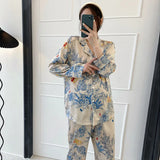 Taooba Christmas Outfit Light Luxury Spring and Autumn New Silk Smooth Pajamas for Women Monet Flower High Grade Long Sleeve Cardigan Satin Silk Pajamas