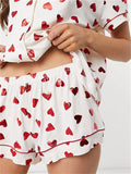 Taooba-Valentine's Day Pjs Sets Women Comfy 2 Piece Pajamas Set Short Sleeve Heart Print Button Up Shirt + Shorts Set Loungewear