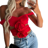 Taooba-3D Flower Top Women Summer Solid Color Off Shoulder Sleeveless Tanks Hollow Out Ruched Cropped T Shirt y2k Clothes Clubwear