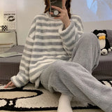 Taooba Christmas Gift Women's Fluffy Coral Velvet Pajama Sets Winter Cute Students Baggy Cozy Striped Loungewear Simple Warm College Pyjamas Thicken