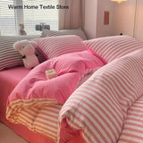 INS Seersucker Stripes Duvet Cover Pillowcases Flat Sheet Girls Bedding Set Washed Cotton Solid Color Bed Linen Single Size