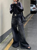 Taooba-Y2K Vintage Black Baggy Jeans Women Streetwear Grunge Oversized Wide Leg Denim Pants Harajuku Retro 90s Basic Trousers