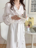 Taooba Christmas Outfit Women Robe Ruffles Sleepwear V-Neck Bathrobe Kimono Robes with Belt Korean Night Dress Bridesmaid Dressing One Piece Pajamas