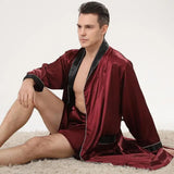 Men Satin Robe Set Loose Bathrobe Gown Long Sleeve 2PCS Sleewear Lapel Robe&Shorts Male Casual Sleep Set Silky Pajamas Set