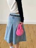 Taooba- Y2k Streetwear Denim Pleated Skirt Women Vintage Low Waist A-line Distressed Knee-lenght Jeans Skirt Japanese Fashion