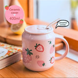 1pc 400ml Cute Fruits Mugs Creative Can Cartoon Ceramic Mug With Straw Lid Milk Tea Mug Office Home Travel Coffee Water Cup