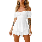 Taooba-y2k Playsuit Women Aesthetic Clothes Solid Color Off Shoulder Short Sleeve High Waist Ruffle Short Jumpsuits Party Clubwear