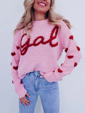 Taooba-Valentines Day Heart Printing Sweater for Women Long Sleeve Round Neck Letter Embroidered Knitted Pullover Jumper