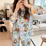 Taooba Christmas Outfit Pajamas for Female Spring and Autumncute Cat Cardigan Long Sleeved Pajamas Set Satin Loungewear Women Lingerie Kawaii Girl's Pjs