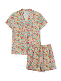 Taooba-2024 Summer Beach Wear Women 2piece Pajama Set Graphic Print Short Sleeve Button Closure Shirt with Shorts Sleepwear Loungewear