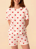 Taooba-2024 Valentine's Day Women 2pcs Pajama Set Heart Print Short Sleeve Crew Neck T-shirt with Shorts Sleepwear Loungewear