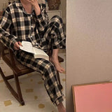 Taooba Christmas Outfit Ins Japanese Casual Pajamas Women's Autumn Thin Girl's Home Lapel Cardigan Two-piece Set Fashion Plaid Pyjamas Women Homewear