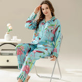 Taooba Women's Pajamas Sets Spring Autumn 2 Piece Flamingo Print Pyjama Faux Silk Satin Sleepwear Long Sleeve Pijama Mujer Pjs Homewear