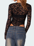 Taooba-Sexy Women Balck Lace Bodysuit Long Sleeve Solid Color Cutout Leotard Tops High Cut Playsuit