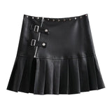 Taooba-Punk Leather Skirt Women Y2k Streetwear Low Waist A-line Split Rivet Zipper Sexy Pleated Mini Skirt Summer Night Club