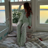 Taooba Bowknot Print Loungewear Comfy Soft Button Up Blouse Tops + Long Pants Women Autumn 2 Piece Set Sleepwear Cute Pajama Suit