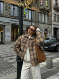 Taooba 2024 New Fashion Single Breasted Plaid Wool Pilot Jacket Chic Lapel Flip Pockets Oversized Coats Autumn Lady Street Outerwears