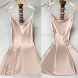 Taooba-Pink Satin Sexy Split Sleep Shirts Intimate Lingerie Nightgown Women's Loose Casual Home Wear Spaghetti Strap Chemise Nightdress