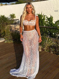 Taooba   See Through Lace Two Piece Skirt Sets Women Crop Top And Maxi Skirt Sets Elegant Party Beach Sexy Two Piece Set