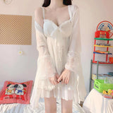 Taooba Christmas Outfit Summer Sexy Pajamas with Breast Pads Female Lace Pajamas Robe Gown Set Sexy Sleepwear White Lace Night Gown  Lingerie for Women