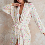 Taooba Women Flannel Robe Home Sleepwear Floral Print Shawl Collar Bathrobe Kimono Robe with Belt Winter Warm Pajamas Clothes