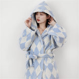 Taooba Christmas gift Cotton Absorbent Hooded Bathrobe, Striped Diamond Check, Simple Fashion Family Style, Four Seasons, Universal, Retro, Loose Robe