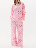 Taooba-Women Valentine's Day Pajama Sets Cute Long Sleeve Heart Button Down Shirt Top and Pants 2 Piece Pjs Y2K Loungewear