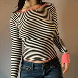 Taooba Aesthetic Clothes Autumn Spring O Neck Crop Top Y2k Tees Preppy Style Casual T-shirt Striped Print Patchwork Basic Sweats Tops