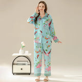 Taooba Women's Pajamas Sets Spring Autumn 2 Piece Flamingo Print Pyjama Faux Silk Satin Sleepwear Long Sleeve Pijama Mujer Pjs Homewear