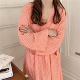 Taooba Christmas Gift Bathrobe Women Cotton Long Sleeve Robe Plaid Female Japanese Kimono Autumn Sleepwear Home Clothes for Sleeping Pajamas Nightgown